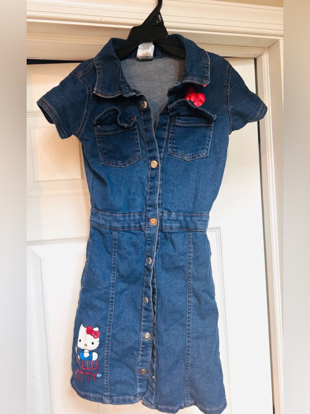 Hello Kitty Denim Button-Up Dress with Red Bow Accent FLAW